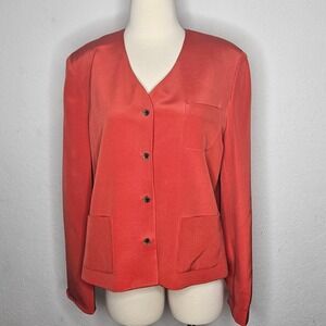 Jones New York Silk Blazer Minimalist Button Front Pockets Career Jacket Size 14